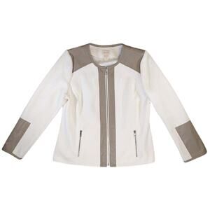 Chico’s Women L Ivory Brown Quilted Moto Jacket Faux Leather Zip Flawed